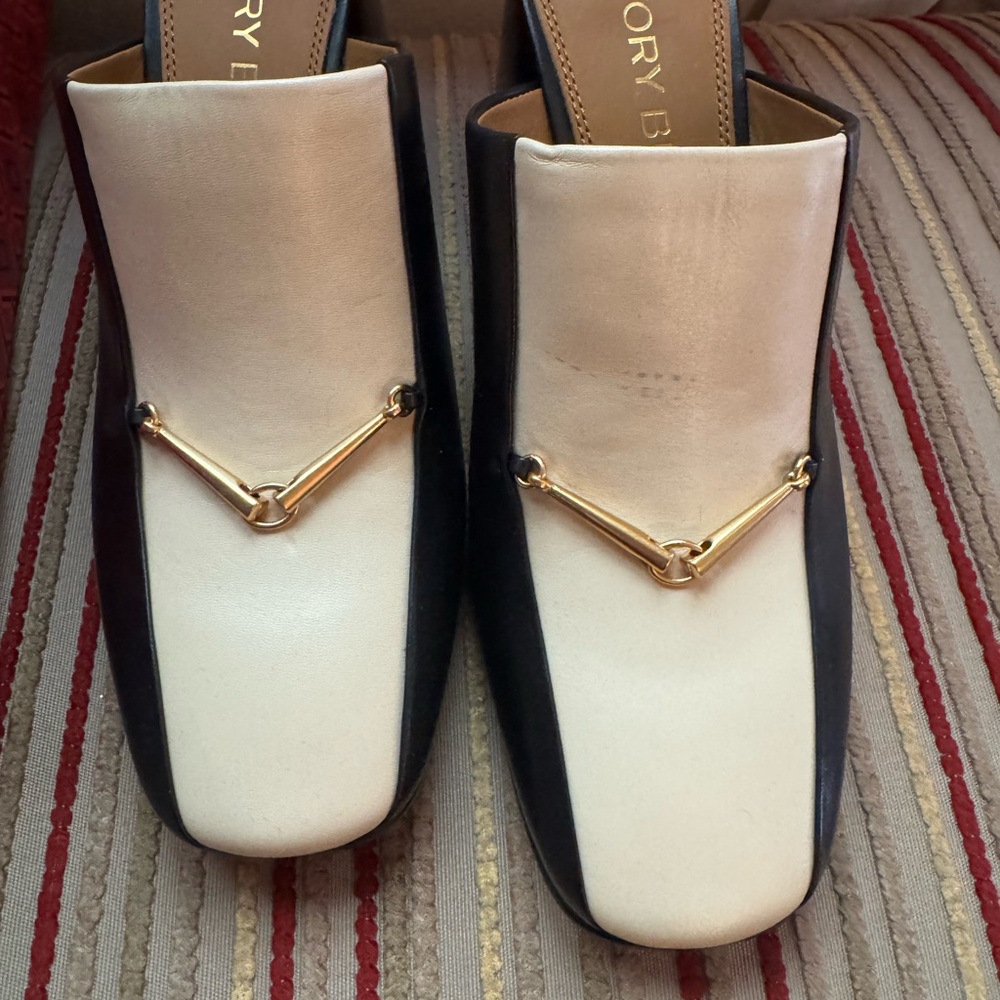 Tory Burch Black and Cream Leather Mules with Gold Hardware